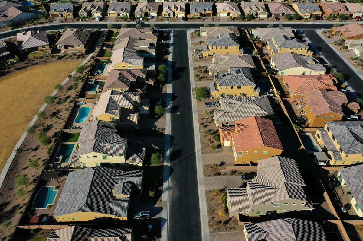 Aerial view of a suburban neighborhood of single-family homes